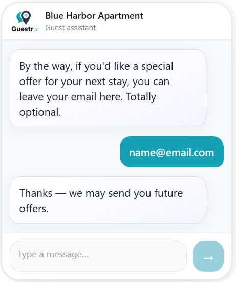 Guestr guest assistant showing email collection for direct bookings
